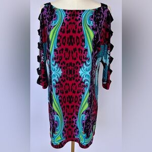 Eva Varro Women’s Leopard & Baroque Pattern Dress Open Sleeves Above Knee Medium
